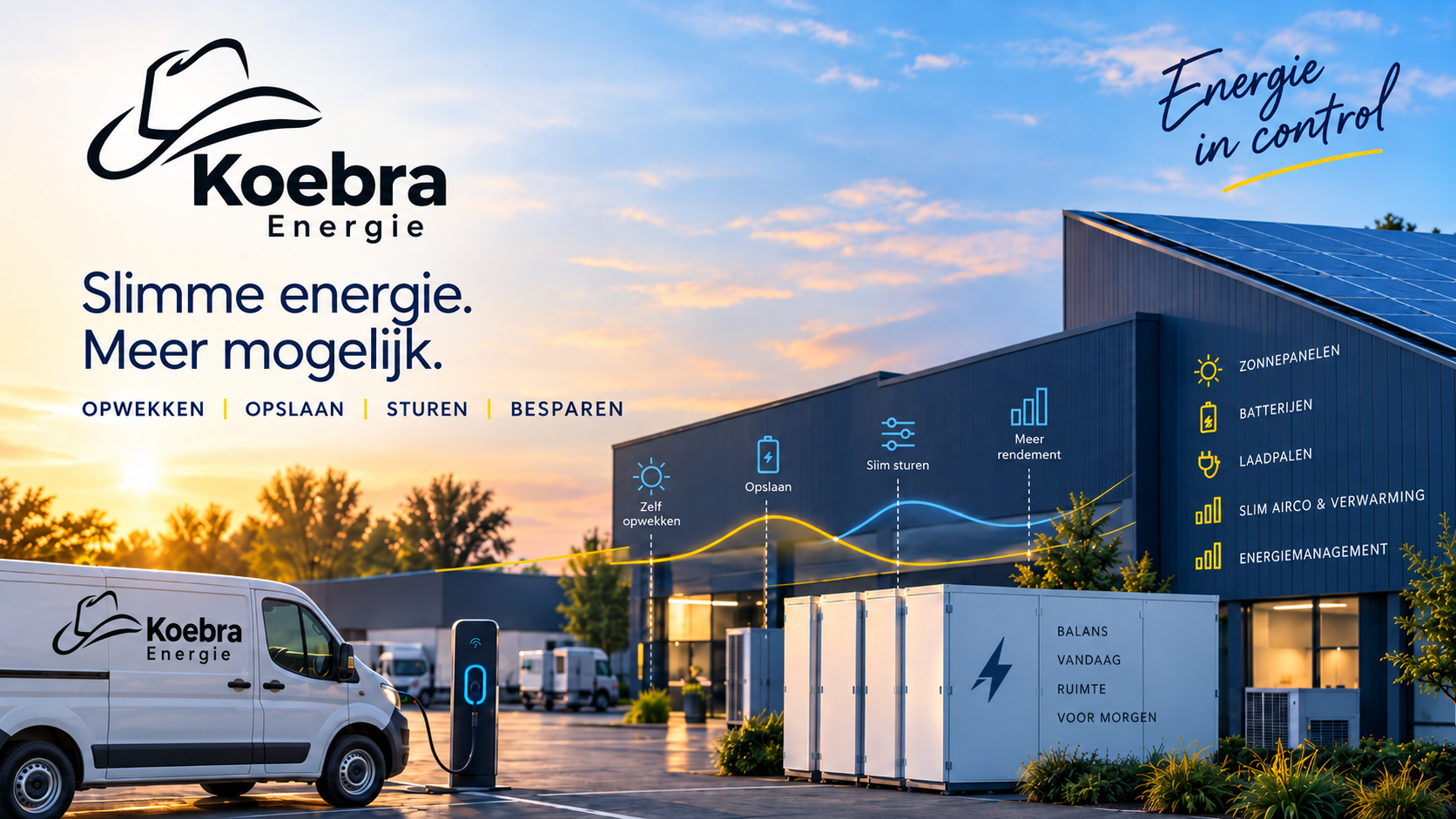 Koebra: slimme energie, meer mogelijk. Zonnepanelen, batterijen, laadpalen en energiemanagement op een bedrijfslocatie.